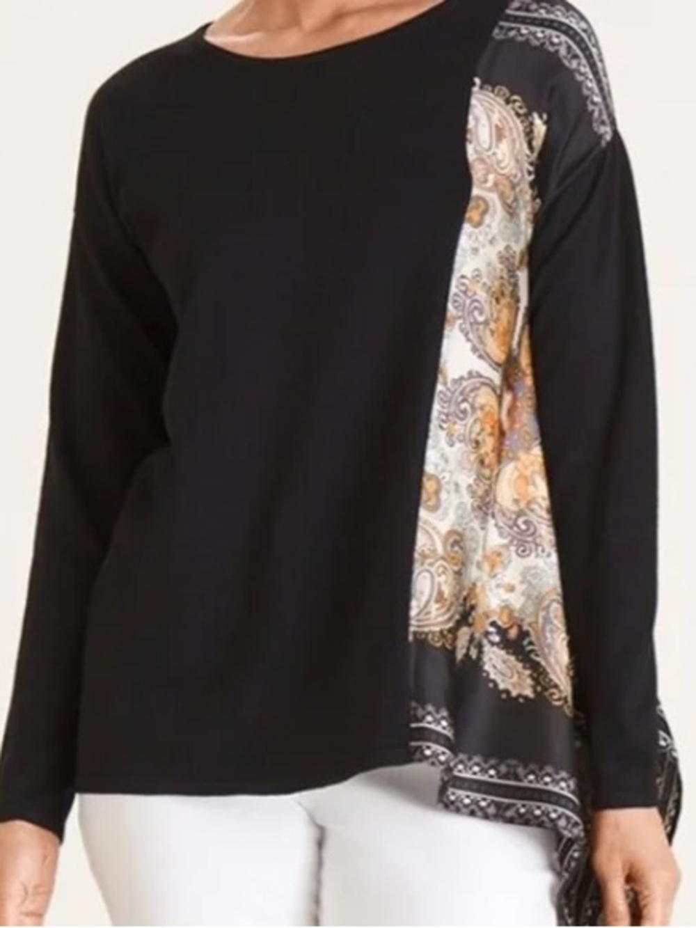 Chico’s Tunic Scarf-Detail Paisley Black Boho Long Sleeve Top Women’s Large NEW